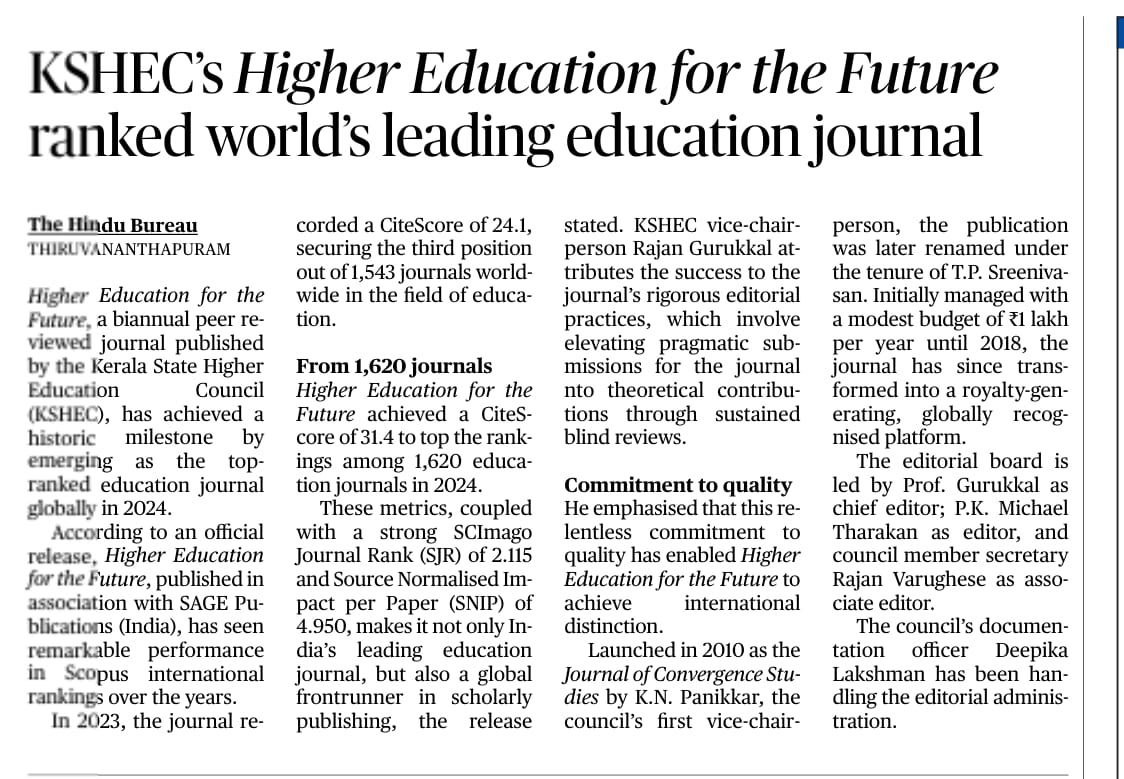 KSHEC's Higher Education for the Future Ranked world's leading educational journal.